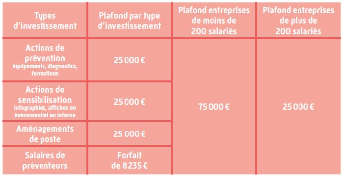 tableau des montants de la subvention prévention des risques ergonomiques